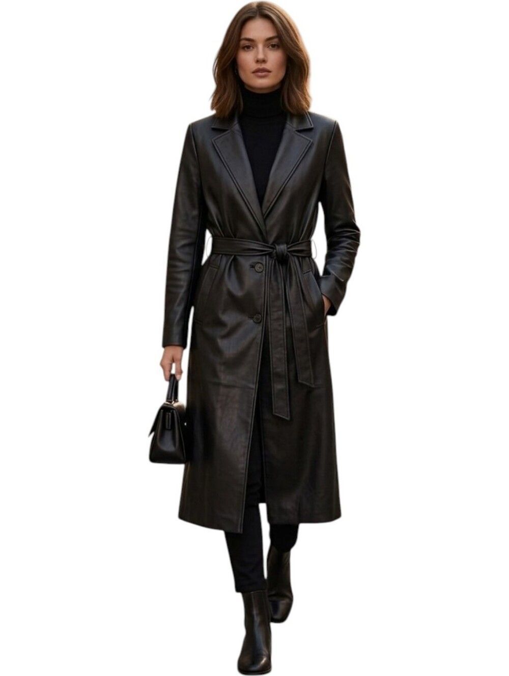 Zara Black Faux Leather Belted Maxi Trench Coat Jacket XS
